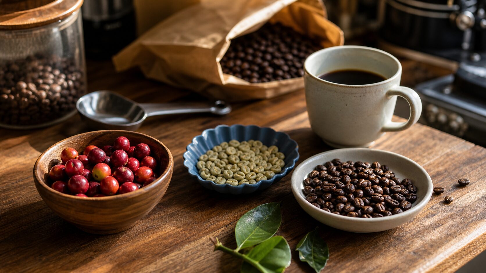 スペシャルティコーヒーの生産から一杯までを表す自然な写真