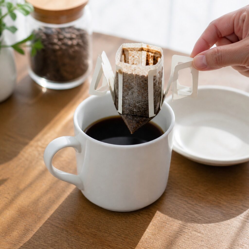 ドリップバッグを外して完成したホットコーヒー