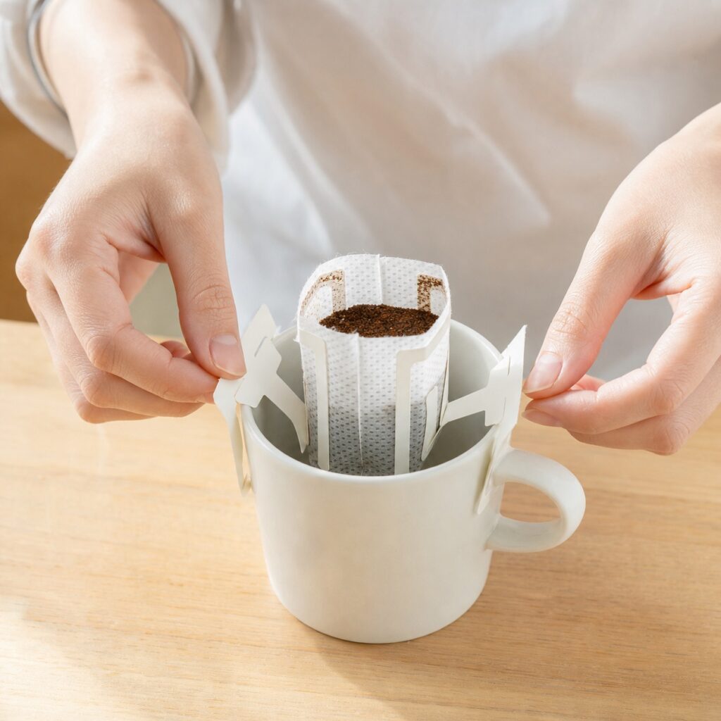 ドリップバッグコーヒーの淹れ方 手順1 カップにセットする
