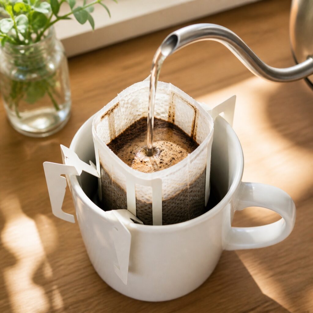 ドリップバッグコーヒーの淹れ方 数回に分けてゆっくり注ぐ