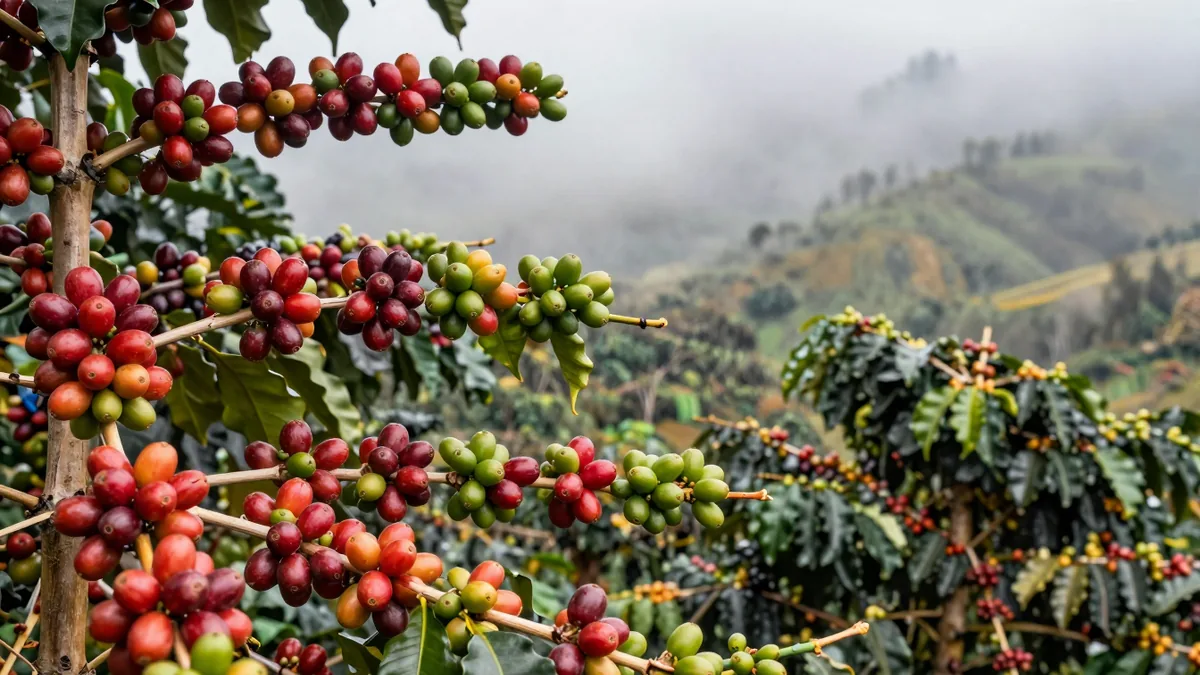 南米コーヒー農園の生豆と標高の高い産地の風景