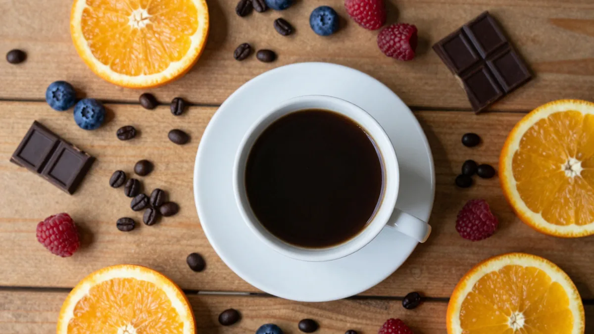 コーヒーとコーヒー豆、柑橘やベリーなどフレーバー表現の手がかりになる果物とチョコレートを並べたイメージ