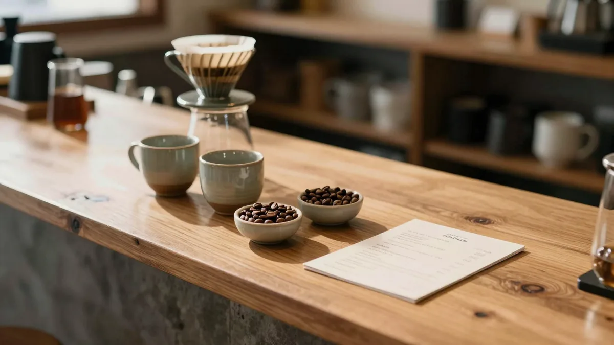 ドリッパーとカップ、コーヒー豆を並べたコーヒー店のカウンター
