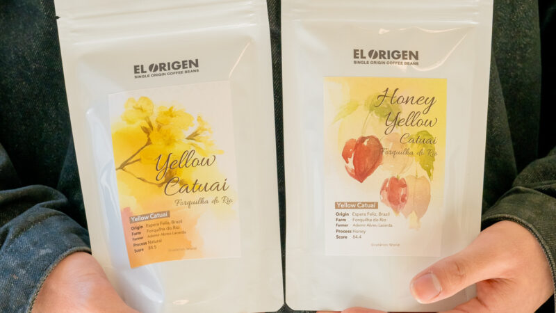 EL ORIGENのブラジル産スペシャルティコーヒー豆を手に取って比較する様子