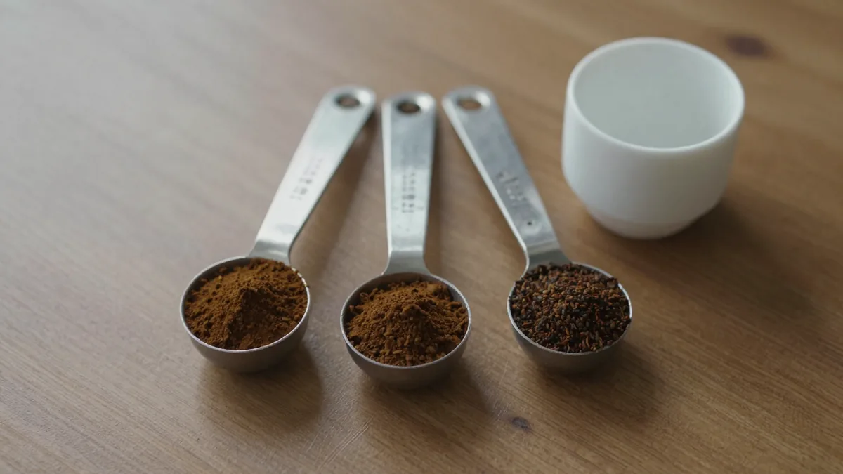 木のテーブルに並べた3本の計量スプーンに、色の違うコーヒー粉が入っている様子
