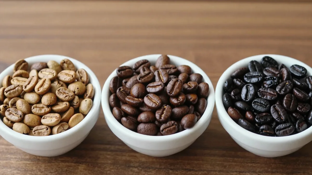 白い器3つに、淡い色・茶色・黒に近い色のコーヒー豆を順に入れた様子